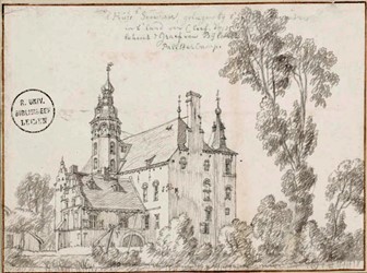 <p>Tekening van Huis Sevenaer van Jan de Beijer uit 1745. Het hoofdgebouw was nog voorzien van de grote toren aan de achterzijde en tegen de voorgevel waren inmiddels twee dwarsvleugels gebouwd (Universiteit Leiden). </p>
